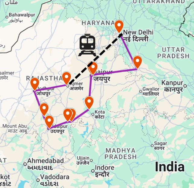 Trajet du séjour en Train et en véhicule privé Delhi , Pushkar, Jodhur, udaipur, Bundi agra Delhi